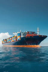 A large container ship export freight transportation floating in the ocean and blue sky