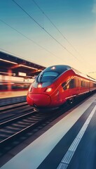 A red modern passenger transportation train on the railway station is moving at high speed