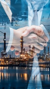 A double exposure of two businesspeople shaking hands success deal with oil and gas industry in the background