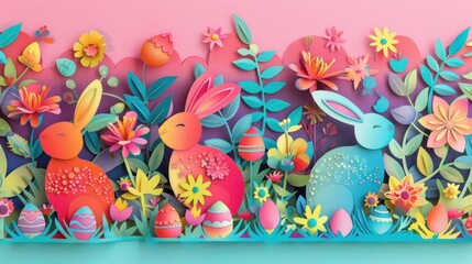 Intricate Paper Cut Easter Border Highlighting Cheerful Bunnies, Florals, and Eggs
