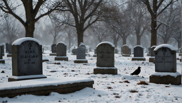 A snowy graveyard scene with soft snow covering the graves and a lone crow perched atop a weathered tombstone ai_generated
