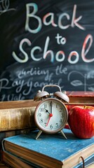 A globe, books and apples on the table with alarm clock in front of chalkboard background with "Back to School" text written on it. Happy teachers day