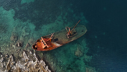 A sunken ship off the coast of the Lustica peninsula in the Bay of Kotor in the Adriatic Sea,...