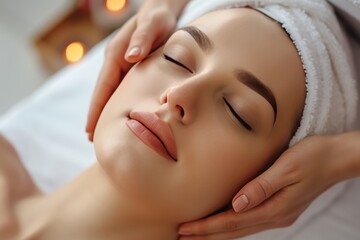 Blissful facial rejuvenation: woman indulging in tranquil spa massage