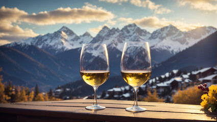 Two nearly full wine glasses are sitting on a wooden railing with an autumn mountain landscape in the background