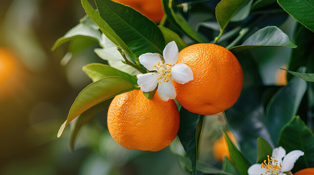 Orange tree with fruits, orange blossom