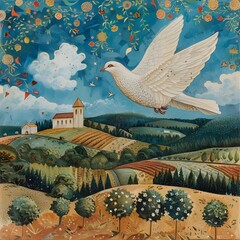 landscape with birds, pigeon statue in the garden, Surrealism and Visionary art