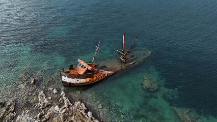 A sunken ship off the coast of the Lustica peninsula in the Bay of Kotor in the Adriatic Sea,...