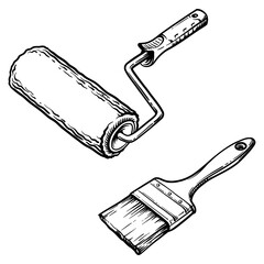 Roller and brush. Vector illustration of painting tools.