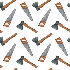 Axes and saws, seamless pattern. Vector illustration of axes and saws on a white background.