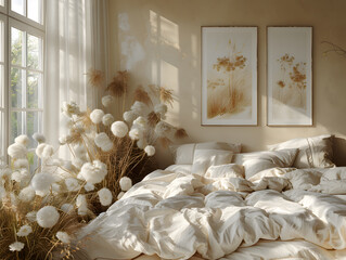 Inviting Comfort: White Frame Mockup Enhances Cozy Bedroom with Fluffy Bedding