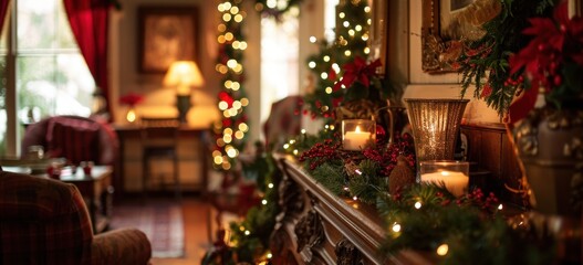 Festive living room decorated for Christmas holidays with warm lights. Home interior and decoration.