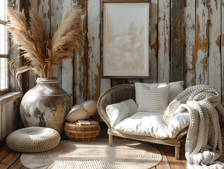 Cozy Cabin Charm: White Frame Mockup on Distressed Wood Wall