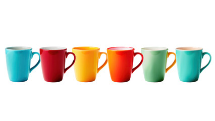 A row of colorful cups on a white background