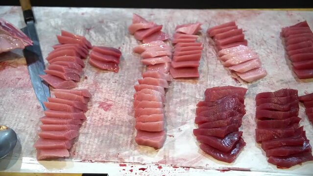 slice Fresh raw tuna steaks, toro, chutoro, otoro, blue fin tuna
