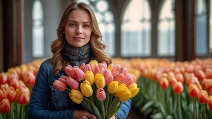 Fototapeta premium Beautiful girl with a bouquet of flowers.