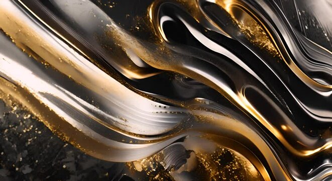 Visualization of a serpentine flow of metallic gold and silver paints, weaving through a dark expanse,