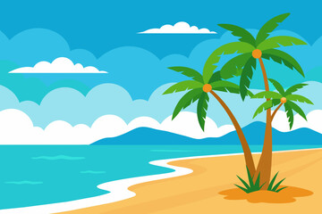Palm-fringed coastline with tranquil waters. Graphic illustration of a sunny beach retreat. Concept of serene vacation spot, tropical holiday, scenic seaside, and exotic travel locations.