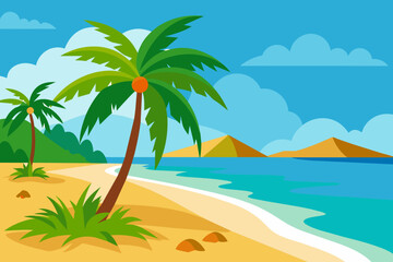 Tropical beach graphic art with palm trees and ocean view. Bright sandy shore with lush greenery and calm seas. Concept of travel, summer destinations, beach scenery, vacation paradise