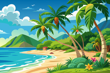Fototapeta na wymiar Oceanfront tropical landscape in vibrant colors. Serene beach scene with palms and clear water. Graphic illustration. Concept of holiday getaway, coastal beauty, relaxation spot, picturesque tourism.