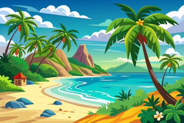 Obraz premium Tropical beach graphic illustration with palm trees and ocean view. Bright sandy shore with lush greenery and calm seas. Concept of travel, summer destinations, beach scenery, vacation paradise