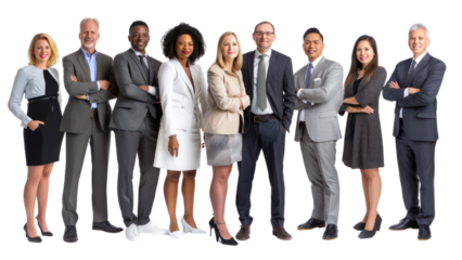 A group of people in business attire are standing in a line
