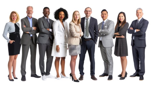 A group of people in business attire are standing in a line