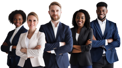 A group of five people in suits are smiling for the camera