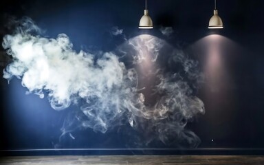 Decorative stucco on a dark blue wall with a smoky background. spotlight, haze, and smoke.
