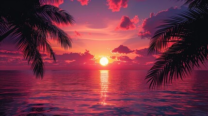 Tropical sunset over the ocean with silhouettes of palm tr