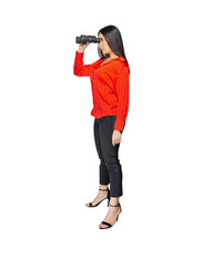 A young business woman in full body with binoculars, isolated on free png background.