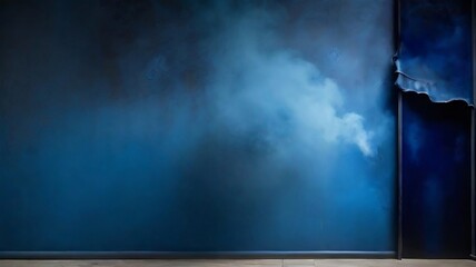 Decorative stucco on a dark blue wall with a smoky background. spotlight, haze, and smoke.