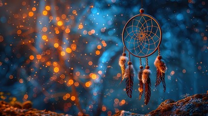 A dreamcatcher hangs against a backdrop of stars, its design a symbol of hope and protection ag