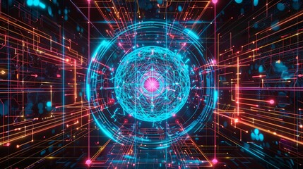 Obraz premium Mechanical art in 3D hologram wireframe illuminated by random color neon lights with a glowing quantum core backdrop