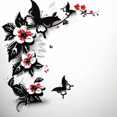 Fototapeta na wymiar White Background With Black and Red Flowers