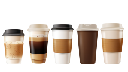 Five coffee cups lined up, each with a different color lid