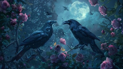 Fototapeta premium Whimsical scene of ravens playfully interacting in a garden of oversized luminescent roses under the moonlight creating a magical otherworldly atmosphere