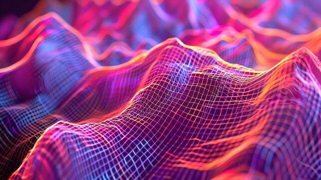 Volumetric mechanical sculpture in wireframe hologram lit by everchanging neon with a background of intricate quantum data streams