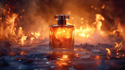 Perfume bottle filled with amber liquid stands on a scorched surface with flames and smoke surrounding it