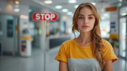 Fototapeta premium Portrait of serious woman with red stop sign with serious facial expression. Anxiety, abuse, prohibition. Сlinic, ambulance background. International Day for the Elimination of Violence against Women