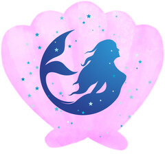 image of a silhouette of a turquoise mermaid on a purple seashell background