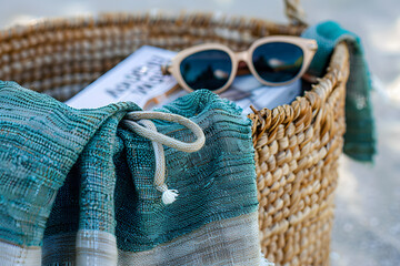Close-up of a woven beach bag with sunglasses, a beach towel, and a novel, ready for a day at the beach - obrazy, fototapety, plakaty