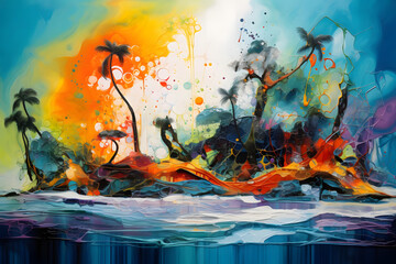 Island Hopping Hullabaloo, abstract landscape art, painting background, wallpaper, generative ai
