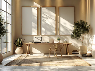 Elegant Artistry: Cozy Study Room with Trio of White Frame Mockups