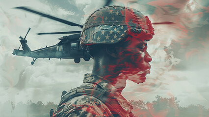 Courageous Defender: Double Exposure Portrait of Resolute American Soldier and US Flag