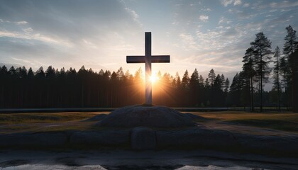 A large cross monument stands on top of a dirt field