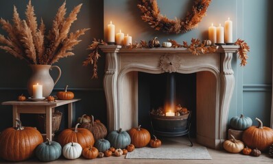 Autumn home decoration close up, muted colors, holiday photorealistic aesthetic background