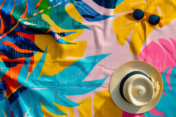 Detailed view of a vibrant beach towel pattern with sunglasses and a sunhat resting on it, epitomizing summer relaxation 