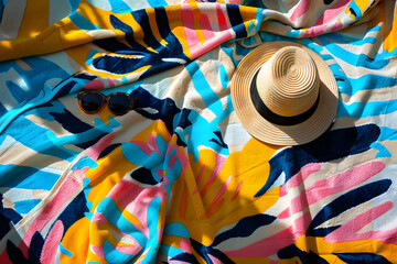 Detailed view of a vibrant beach towel pattern with sunglasses and a sunhat resting on it, epitomizing summer relaxation  - obrazy, fototapety, plakaty