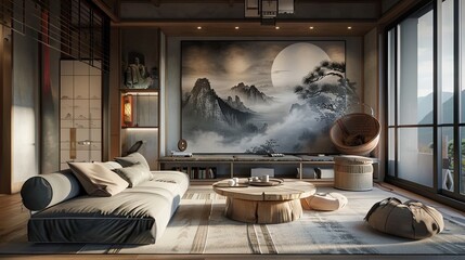 Japandi wall art adorns the interior of a Japandi-styled home, seamlessly blending traditional Japanese and Scandinavian design elements.